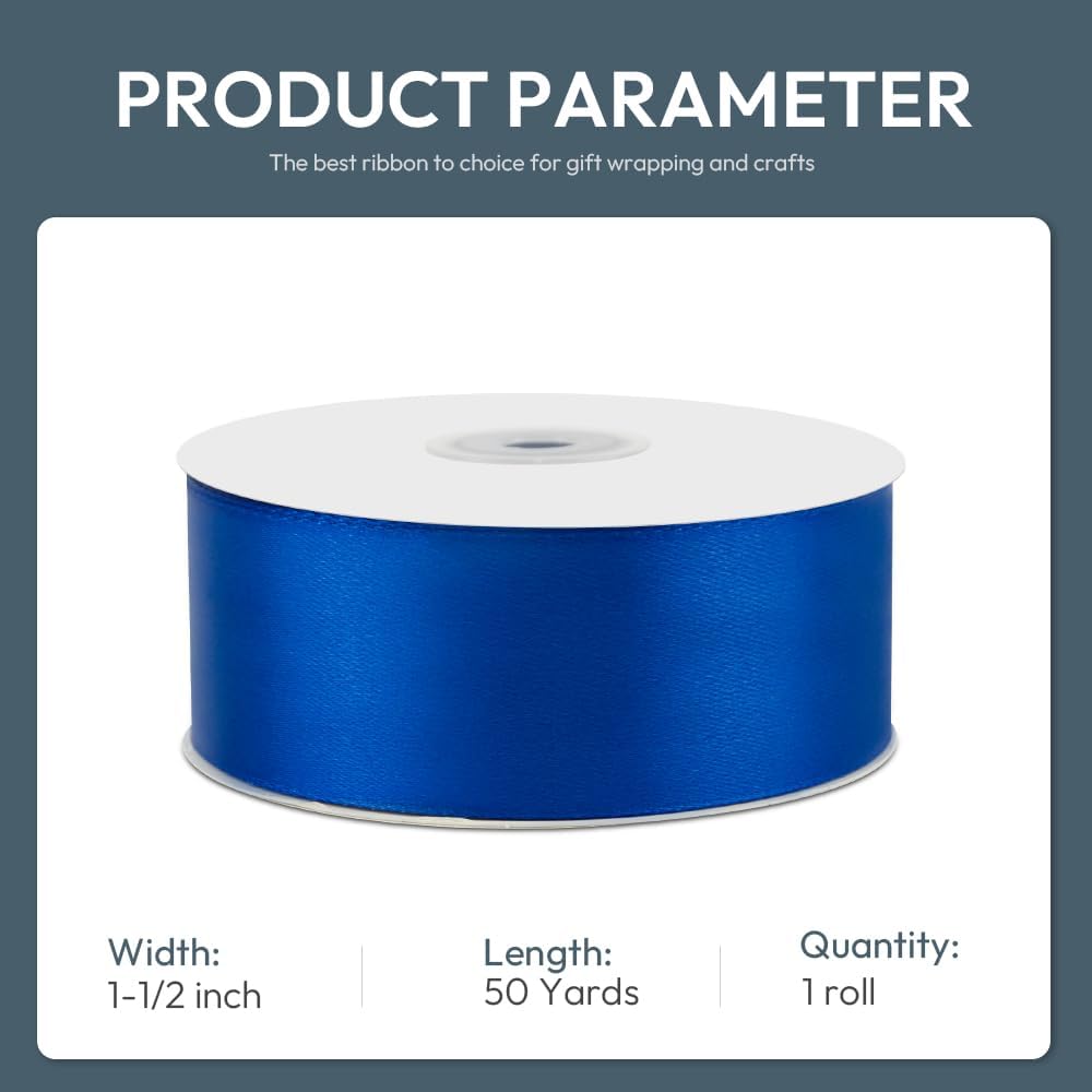 KMER LIFE 1-1/2" Wide x 50 Yards Single Faced Polyester Satin Ribbon, Royal Blue Satin Ribbon for Wedding Decor, Wreath, Crafts & Gift Wrapping