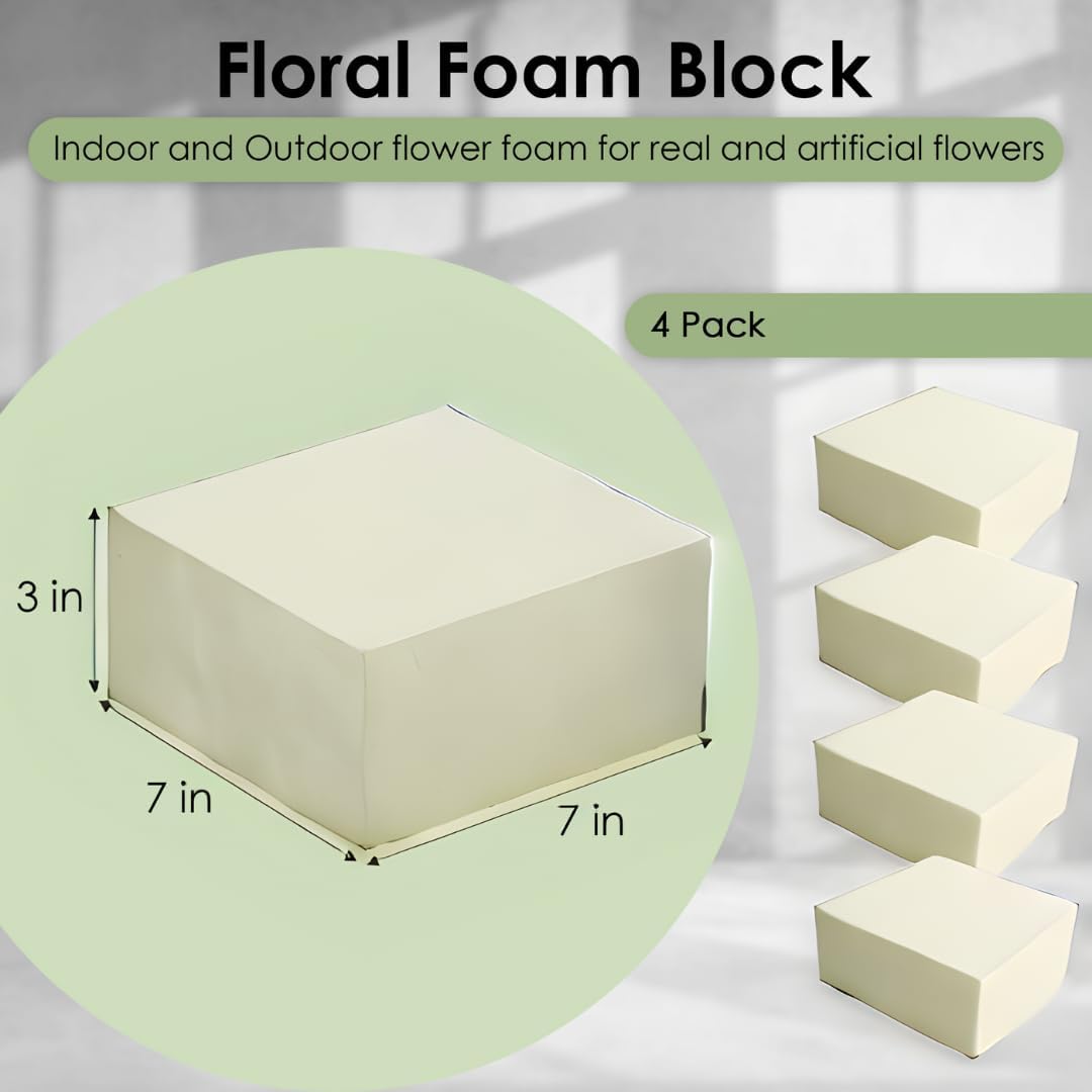 XCEL Floral Foam Block Unlike Any Other - Reusable Floral Blocks Flower Foam for Artificial Flower Arrangements (Cream - 7" x 7" x 3" (4 Pack))
