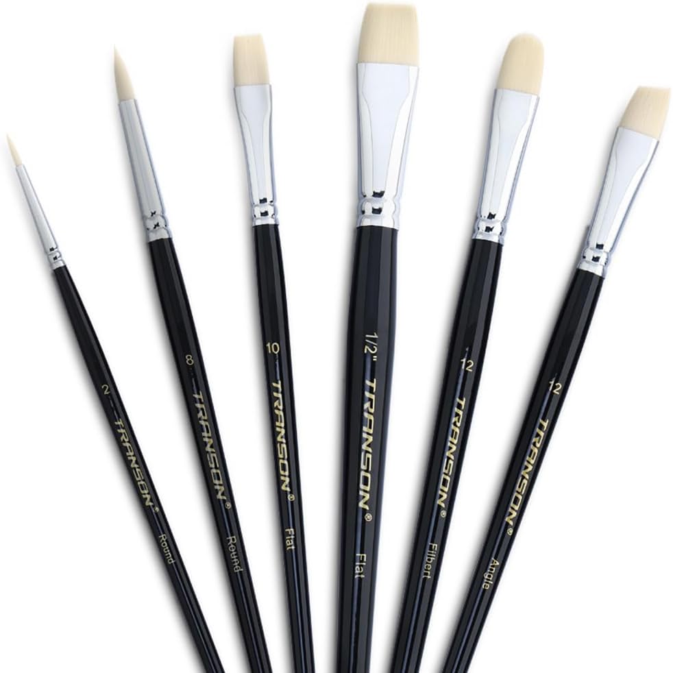 Transon Paint Brush Set 6pcs Art Painting Flexible Bristle for Acrylic Watercolor Gouache Oil Leather Canvas and Face Painting