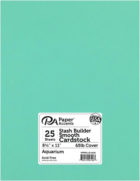 PA Paper Accents Stash Builder Cardstock 8.5" x 11" Aquarium, 65lb colored cardstock paper for card making, scrapbooking, printing, quilling and crafts, 25 piece pack