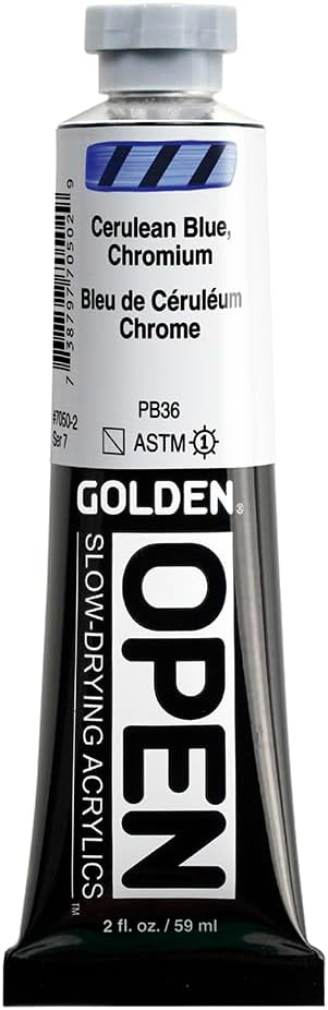 OPEN Slow-Drying Acrylics by GOLDEN, Cerulean Blue Chromium, 2 fl oz. tube, Professional Acrylic Paint, Semi-Transparent