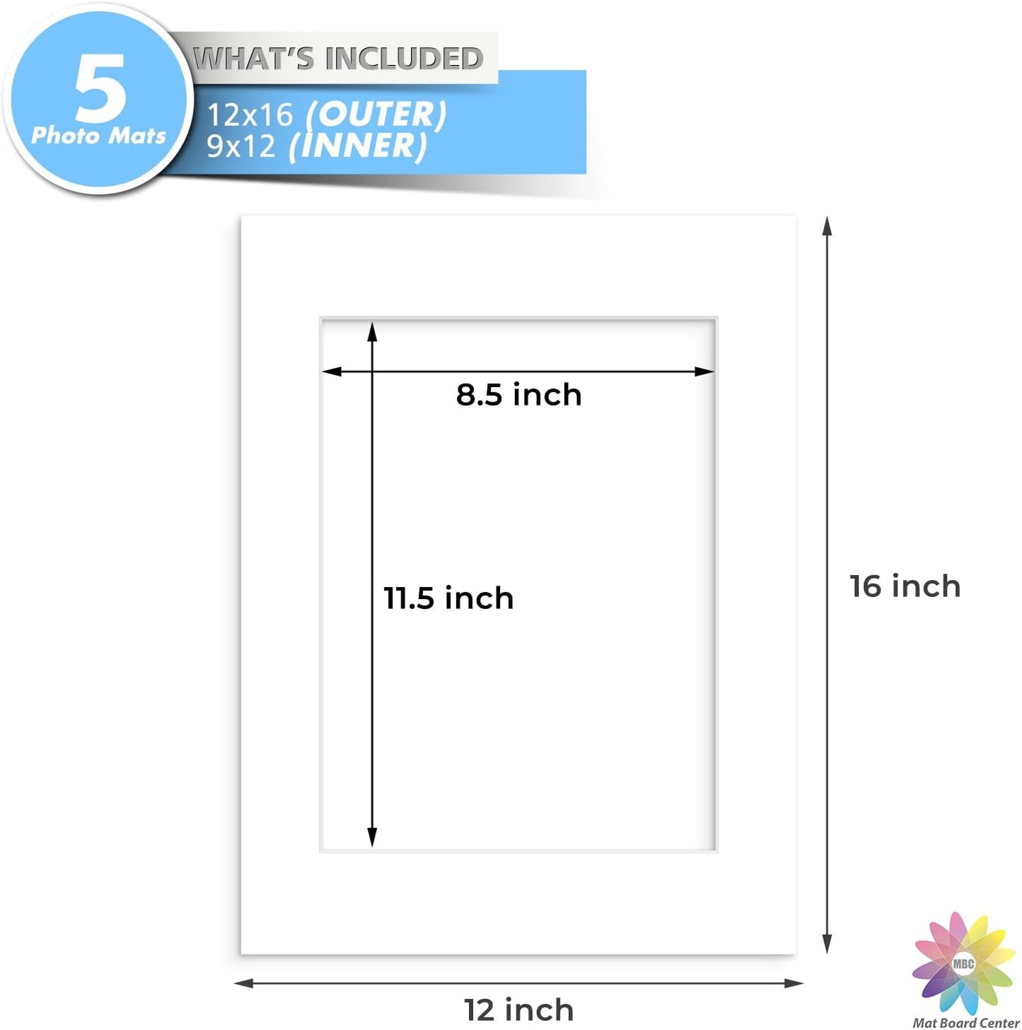 MBC Mat Board Center, 5 Pack 12x16 for 9x12 White Picture Mats Frame Mattes, Bevel Cut, Acid Free, 4-ply Thickness