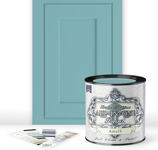 ALL-IN-ONE Paint, Durable cabinet and furniture paint. Built in primer and top coat, no sanding needed. Includes our 30 featured color card - Amalfi (blue aqua), Quart