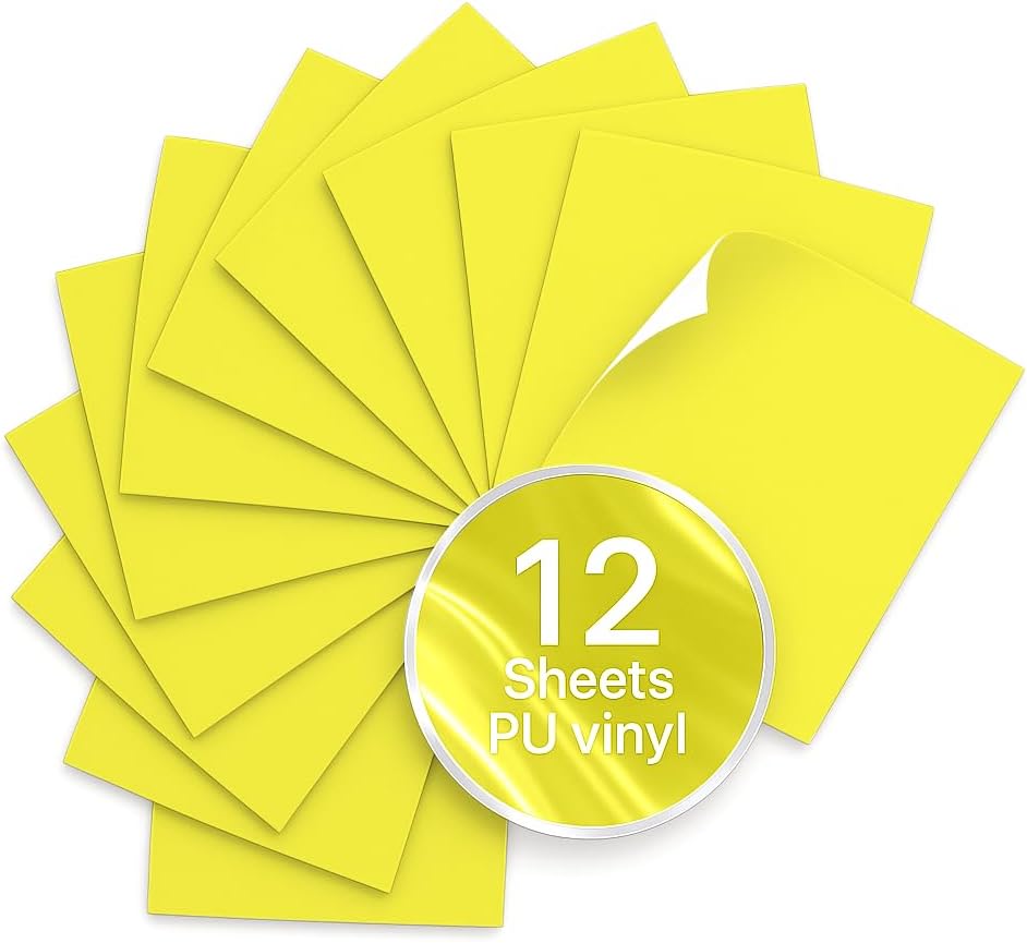 Yellow PU Heat Transfer Vinyl, 12 Pcs 12"x10" HTV Sheets – Soft & Stretchable Iron-On Vinyl, Easy to Cut & Weed, Compatible with Cricut & Silhouette – Great for DIY Family Shirts & Crafts
