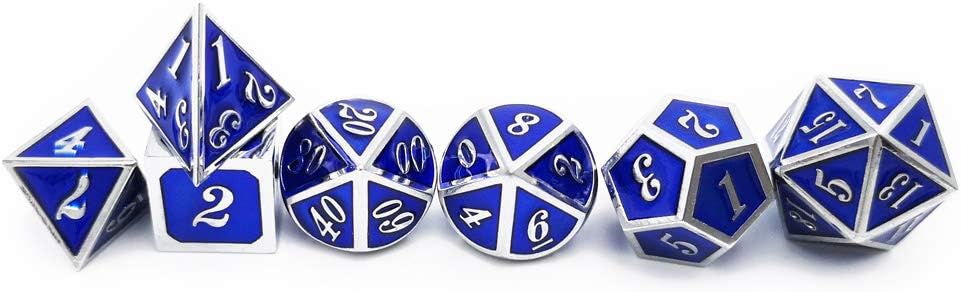 Haxtec Metal Dice Set D&D Silver Navy Blue Metal Polyhedral DND Dice for Dungeons and Dragons-Glossy Enamel Dice (Silver Navy Blue)