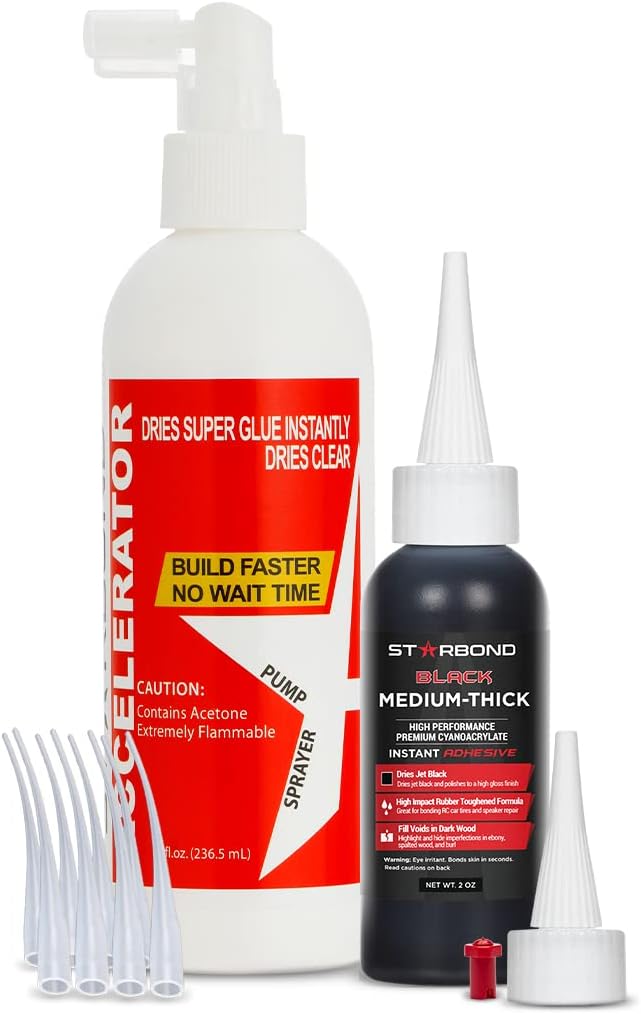 Premium Grade Cyanoacrylate (CA) Super Glue by STARBOND - (2oz) Black Medium-Thick Knot Filler, (8 oz) Pump Accelerator/Activator Bundle for Woodworking, Woodturning