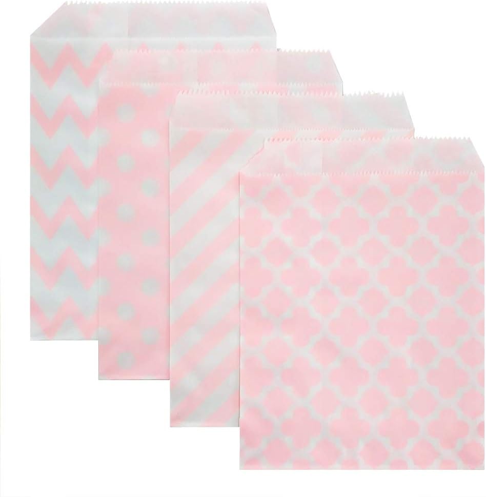 KEYYOOMY 200 Pcs Light Pink Candy Buffet Bags Small Cookie Bags Polka Dot Paper Treat Bag for Wedding Birthday Party (5 inch x 7 inch)