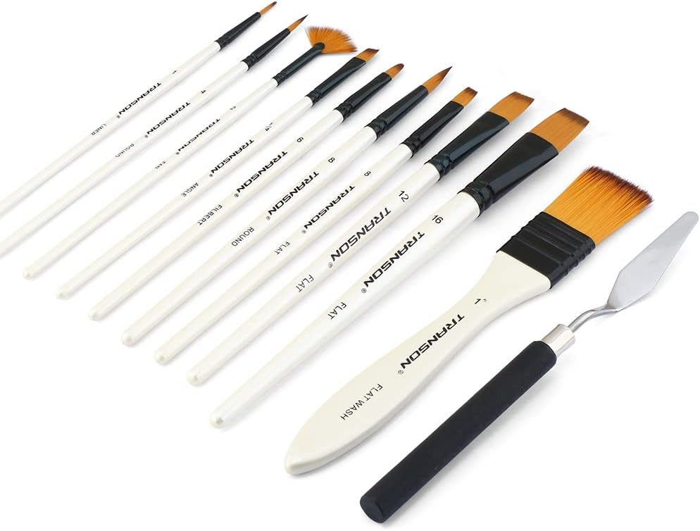 Transon Paint Brush Kit 10pcs Art Brushes and 1 Paint Spatula with Brush Case