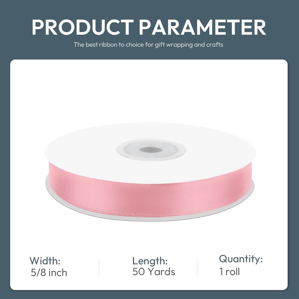 KMER LIFE 5/8" Wide x 50 Yards Pink Single Faced Polyester Satin Ribbon, Pink Satin Ribbon Perfect for Wedding Decor, Wreath, Crafts, Gift Wrapping & Other Projects (Pink)