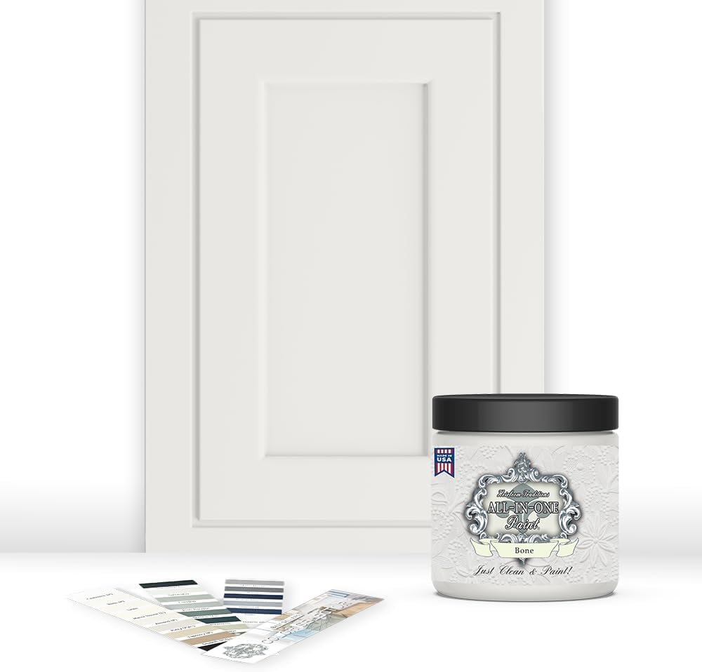 ALL-IN-ONE Paint, Durable cabinet and furniture paint. Built in primer and top coat, no sanding needed. Includes our 30 featured color card - Bone (off white), 8oz Sample