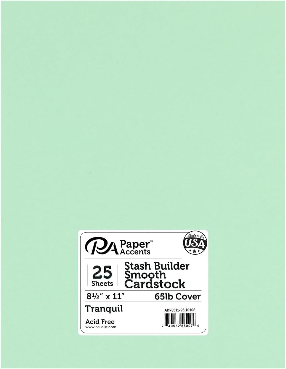 PA Paper Accents Stash Builder Cardstock 8.5" x 11" Tranquil, 65lb colored cardstock paper for card making, scrapbooking, printing, quilling and crafts, 25 piece pack