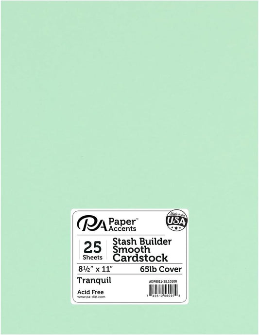 PA Paper Accents Stash Builder Cardstock 8.5" x 11" Tranquil, 65lb colored cardstock paper for card making, scrapbooking, printing, quilling and crafts, 25 piece pack