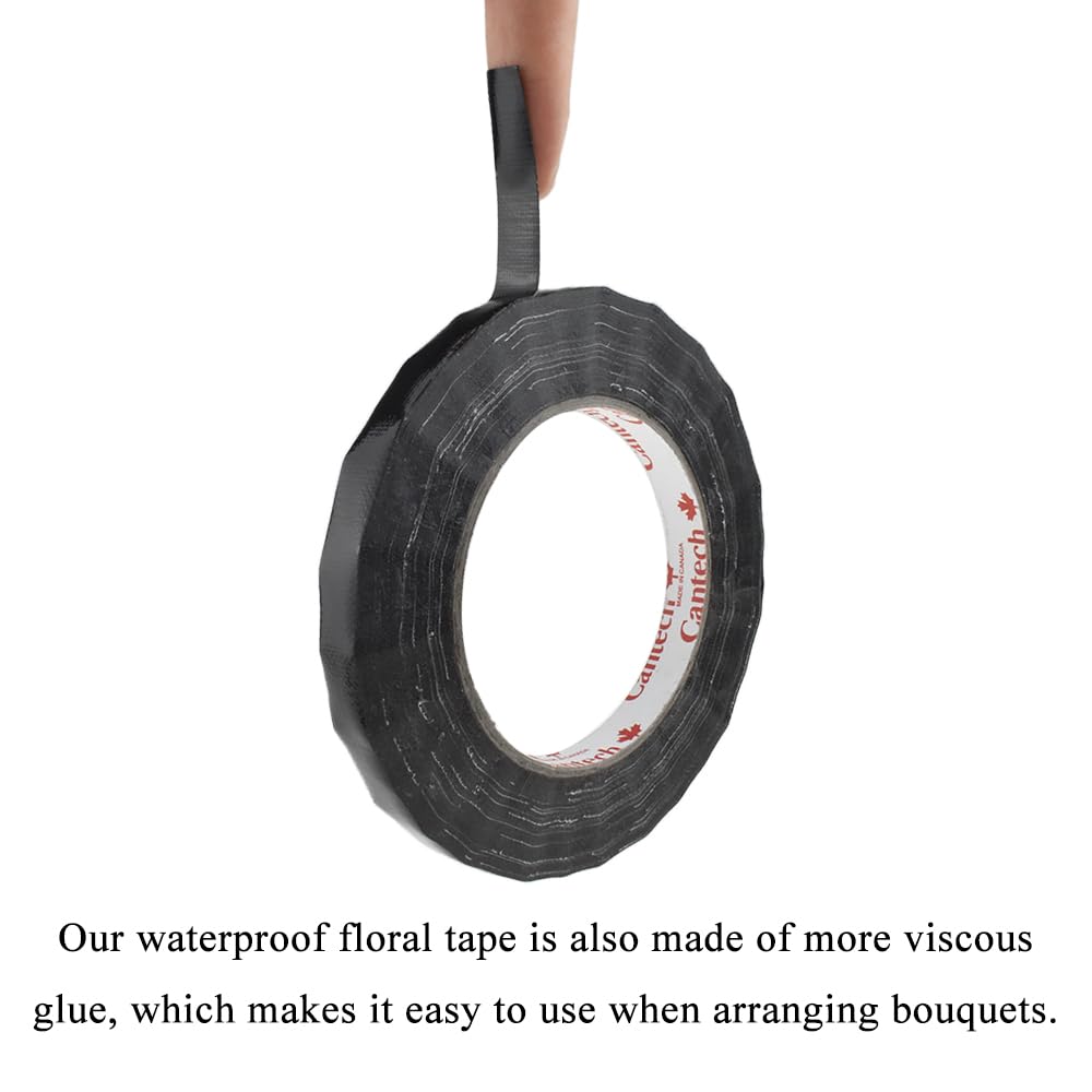 HAHIYO Black 0.5Inch Wide Floral Tape Waterproof Florist Tape Flower Wrap Adhesive Waterproof Decorative Tape for Bouquet Stem Wrapping Flower Arranging and Floral Craft, 2Rolls 200Feet/66Yard Total