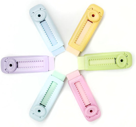 6Pcs Pastel Pencil Rubber Erasers Sliding Retractable Eraser Rectangular Push Pull Large Pencil Eraser with Plastic Sleeve Refill Writing Art Eraser for School Office Drawing