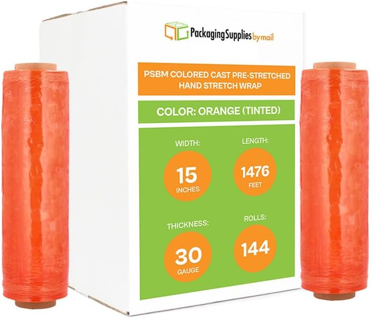 PSBM Orange Stretch Wrap, 15 Inch x 1476 Feet, 144 Pack, Tinted Pre-Stretched Shrink Wrap Film for Moving, Packaging, Pallet Wrapping