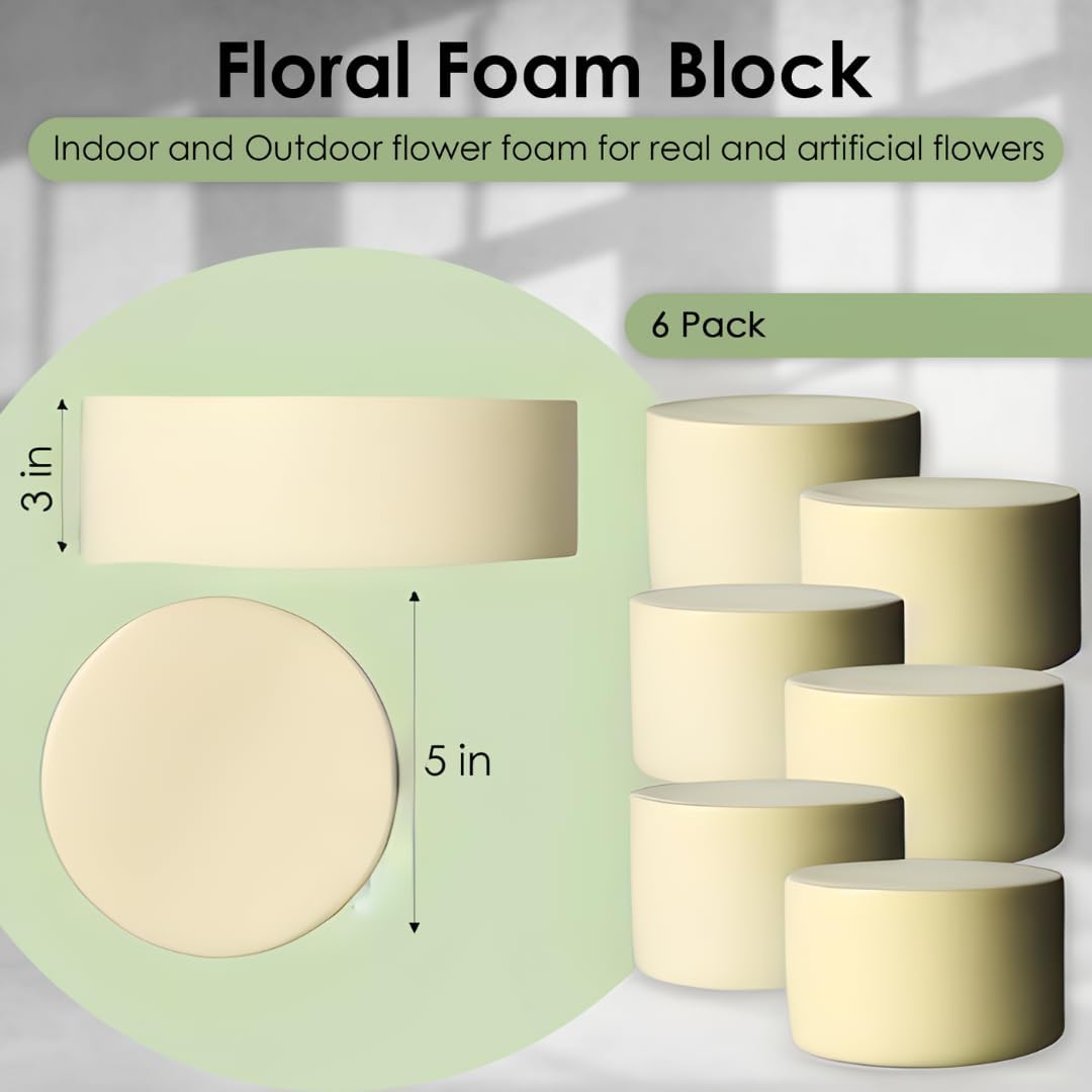 XCEL Floral Foam Block Unlike Any Other - Reusable Floral Blocks Flower Foam for Artificial Flower Arrangements (Cream - 5" x 3" Round (6 Pack))