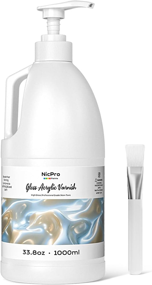 Nicpro Gloss Varnish for Acrylic Painting, 33.8oz Bottle with Pump, Non-Yellowing, Non-Toxic, Anti-Crazing, Clear Acrylic Varnish for Artist, Hobby Painter on Canvas Artwork, Wood, High Gloss Finish