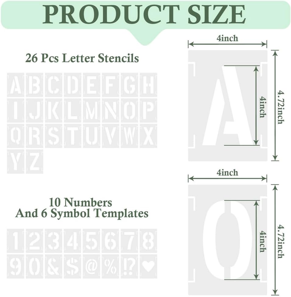 4 Inch 42 Pcs Reusable Letter Number Symbol Stencils, Plastic Painting Templates for Wood Wall Fabric Rock Chalkboard Signage School Door Porch DIY Art Craft Decoration Projects