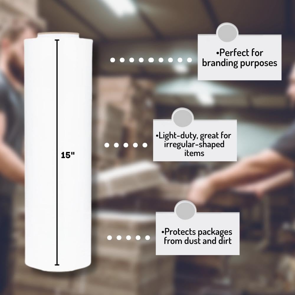 PSBM White Stretch Wrap, 15 Inch x 1476 Feet, 4 Pack, Tinted Pre-Stretched Shrink Wrap Film for Moving, Packaging, Pallet Wrapping
