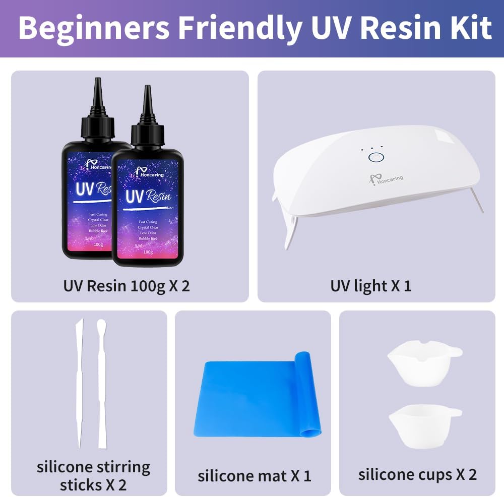 UV Resin Kit 200g with UV Light, Hard Type UV Resin Kit, Upgraded Formula & Crystal Clear UV Resin for Jewlery Making, 100g*2 Resin UV Kit with Light for Earring, Pendant, DIY