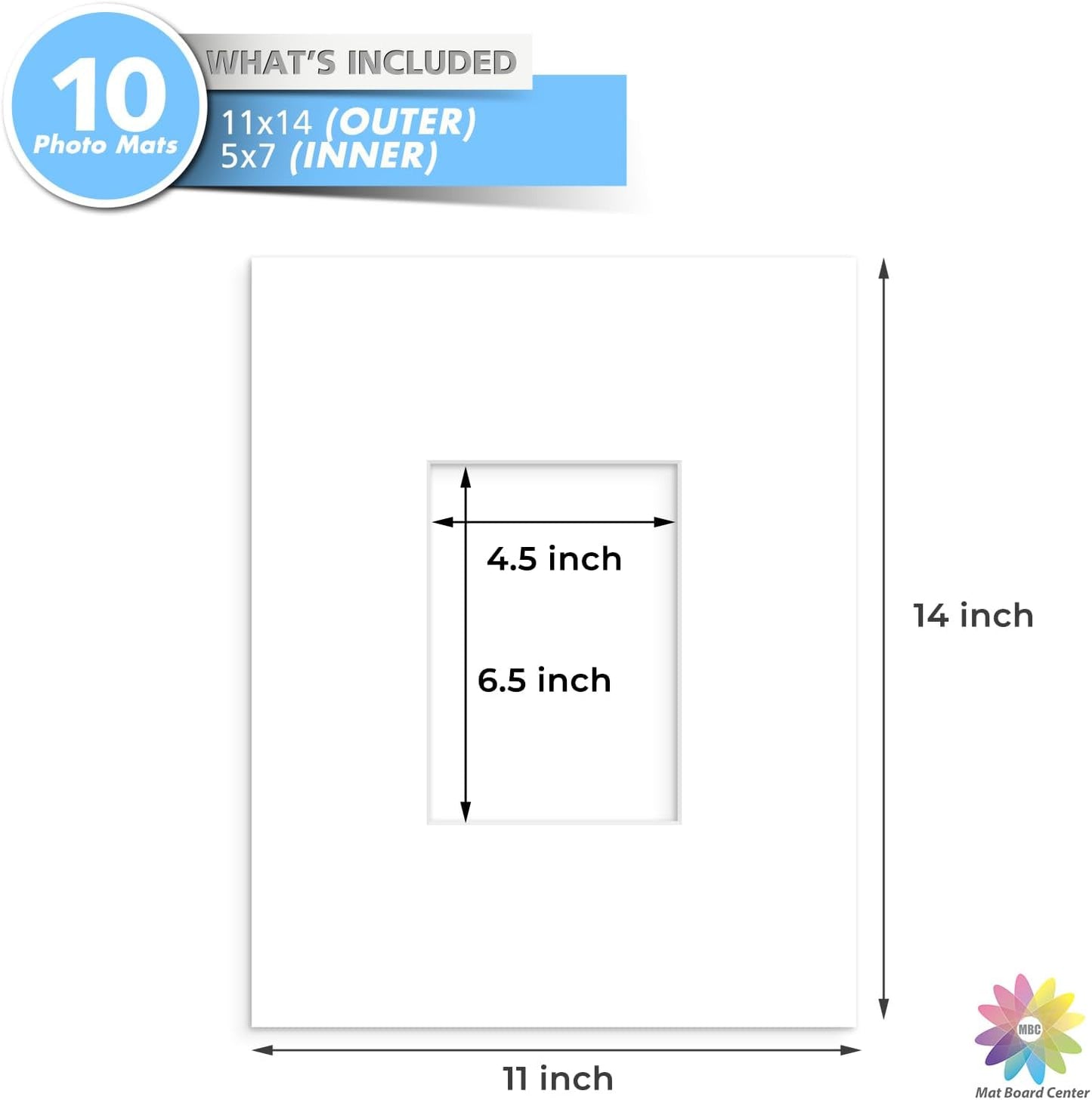 MBC Mat Board Center, 10 Pack 11x14 for 5x7 White Picture Mats Frame Mattes, Bevel Cut, Acid Free, 4-ply Thickness