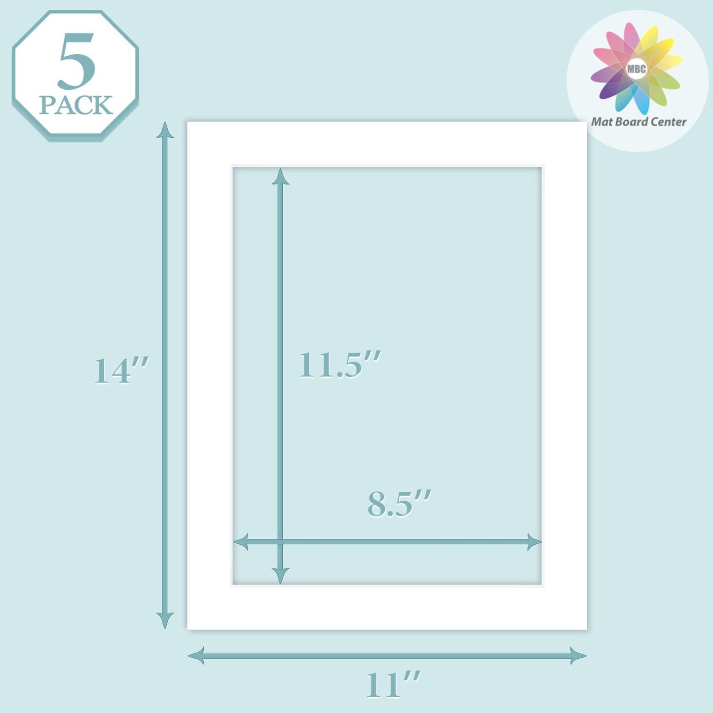 MBC Mat Board Center, 5 Pack 11X14 for 9X12 White Picture Mats Frame Mattes, Bevel Cut, Acid Free, 4-Ply Thickness
