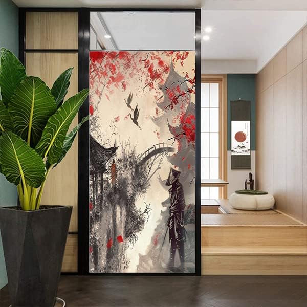 Vintage Japanese Samurai Air Window Film Watercolor Ink Ancient Cherry Blossom Red Sunblackout Window Film,Playroom Window Film 23.6Wx78.7L-Inch X1Pcs