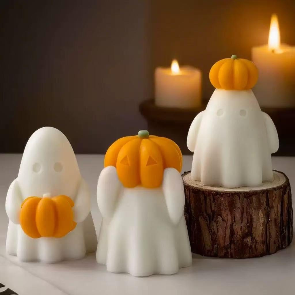 3 Pcs Ghost Holding Pumpkin Resin Mold, Halloween Candle Making Molds Fun Kit Cute Ghost and Pumpkin Epoxy Resin Molds Silicone DIY Craft