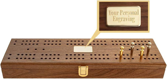 Alex Cramer Le Club Luxury Domino Set with USA-Made Handcrafted Walnut Case and Cribbage Top - 28 Tournament Quality Indestructible Spinner Dominoes. Gold & Nickel pegs