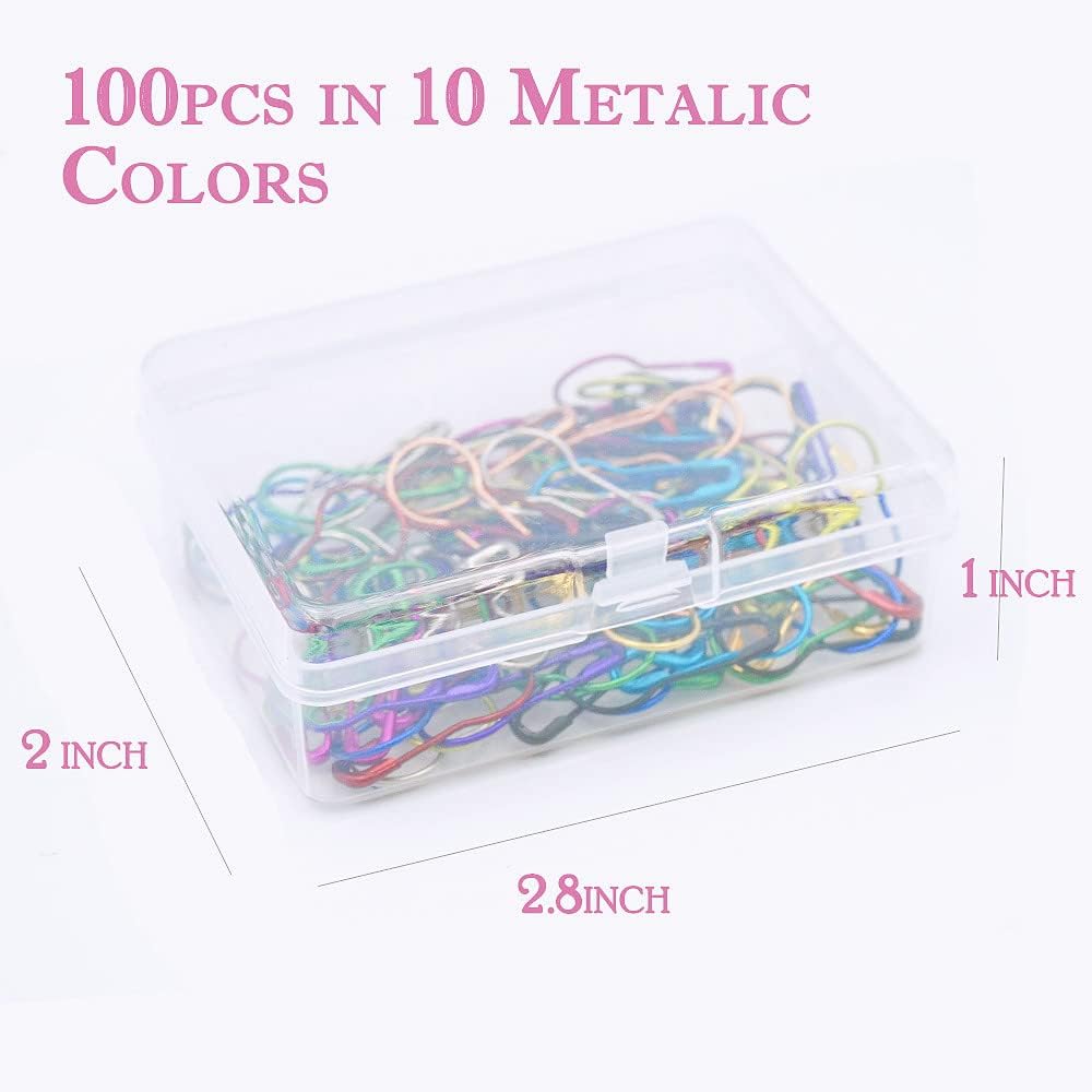 100 Pieces Safety Pins, Bulb Stitch Markers 10 Metalic Colors Assorted Metal Calabash Pins Pear Shape Knitting Pins for Crocheting Clothing Tag DIY Craft Project with Storage Box
