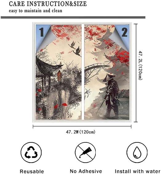 Vintage Japanese Samurai Air Window Film Watercolor Ink Ancient Cherry Blossom Red Sunblackout Window Film,Playroom Window Film 23.6Wx47.2L-Inch X2Pcs