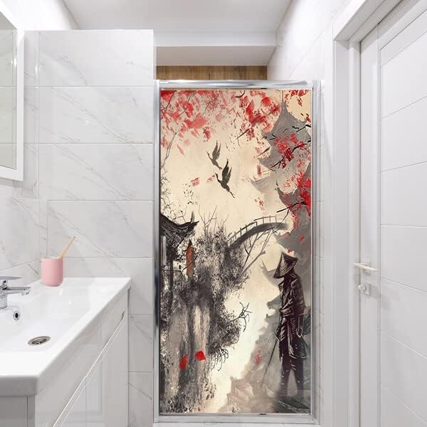 Vintage Japanese Samurai Air Window Film Watercolor Ink Ancient Cherry Blossom Red Sunblackout Window Film,Playroom Window Film 35.4Wx78.7L-Inch X1Pcs