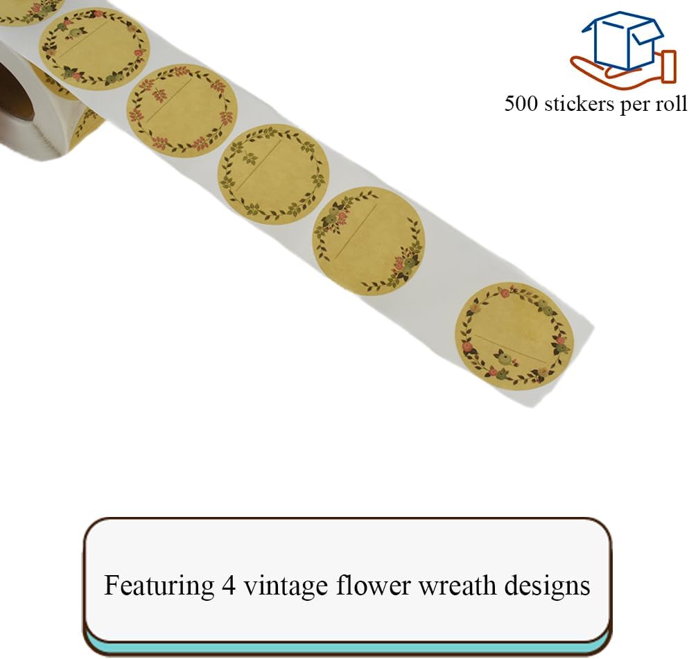 HAHIYO 1.5In 500P Round Natural Brown Kraft Stickers with Vintage Flower Design - 4 Unique Styles Blank Kraft Labels Roll to Write On Durable Dot Stickers for Jar Canning Price Tags Store Organizing