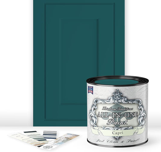ALL-IN-ONE Paint, Durable cabinet and furniture paint. Built in primer and top coat, no sanding needed. Includes our 30 featured color card - Capri (green teal), Quart