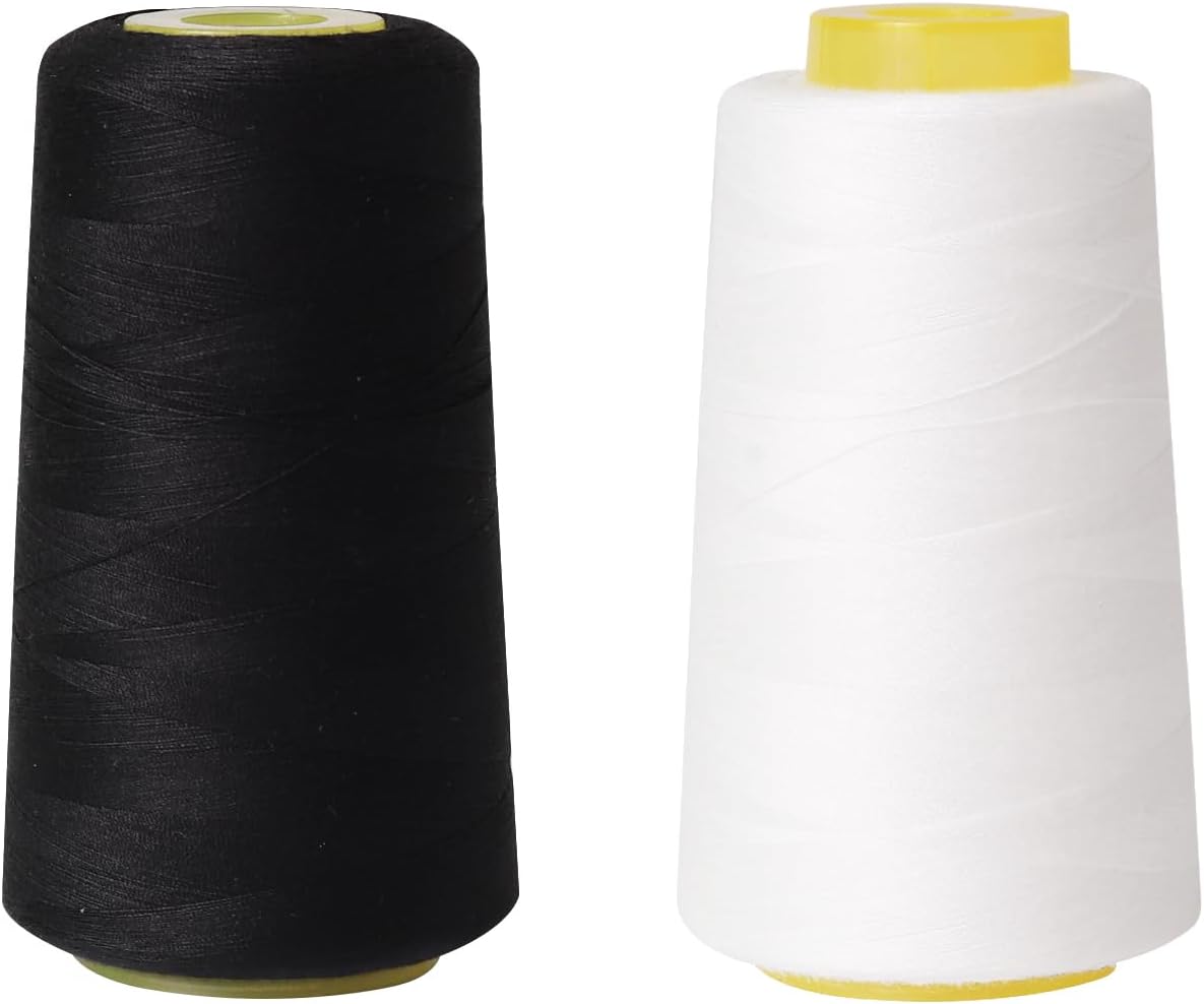 Sewing Thread Cone Set, 2 Pack Serger Thread, 3000 Yards Each, All Purpose Thread for Sewing, Quilting, Machines, Overlock, Merrow & Hand Embroidery (Black1White1)