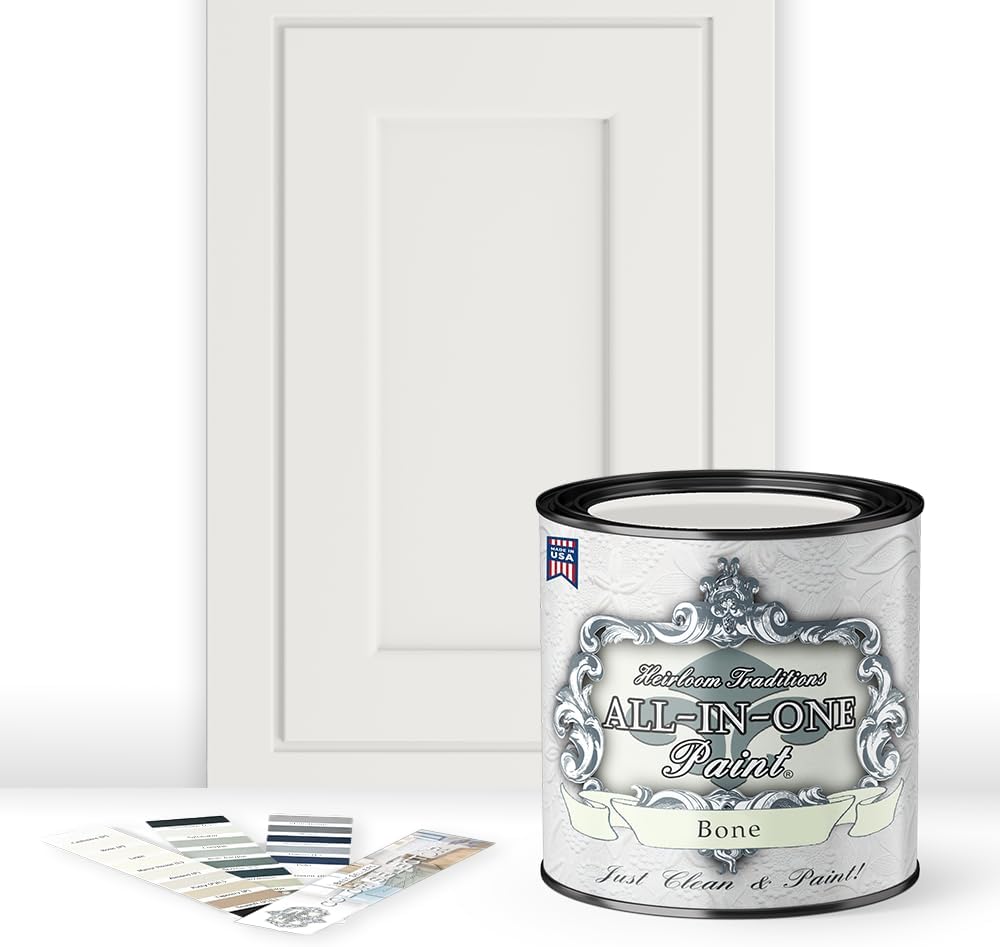 ALL-IN-ONE Paint, Durable cabinet and furniture paint. Built in primer and top coat, no sanding needed. Includes our 30 featured color card - Bone (off white), Quart