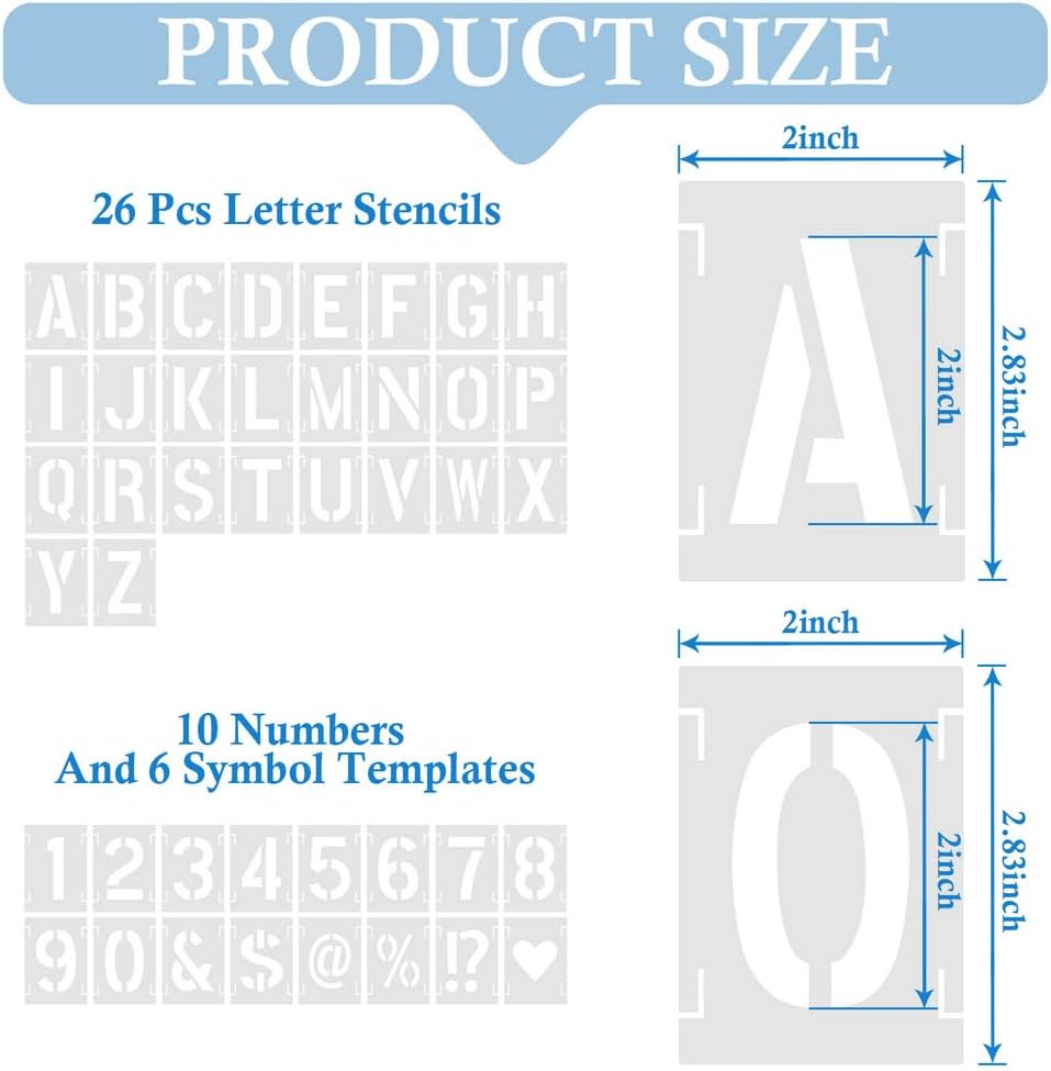 2 Inch 42 Pcs Reusable Letter Number Symbol Stencils, Plastic Painting Templates for Wood Wall Fabric Rock Chalkboard Signage School Door Porch DIY Art Craft Decoration Projects