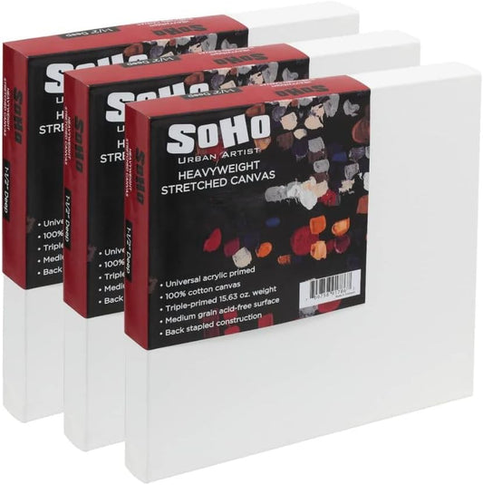 SoHo Urban Artist, 6x6 Heavyweight Stretched Cotton Canvas for Painting - 1.5" Deep- 3 Pack, Triple Primed, 100% Cotton Canvas, Archival, Universal Primed for Oil, Acrylic, Alkyd, Mixed Media