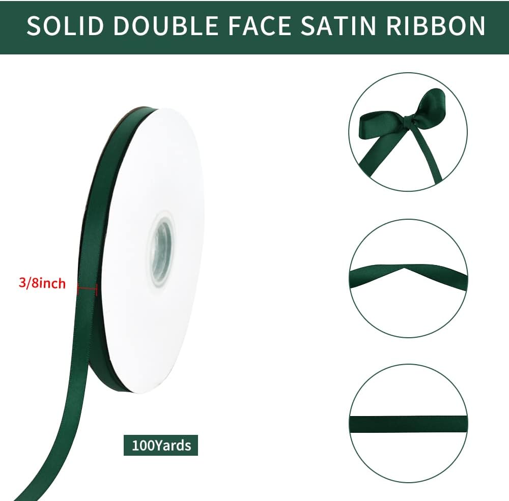 TONIFUL 3/8 Inch x 100yds Christmas Green Satin Ribbon Thin Solid Fabric Ribbons Roll for Gift Wrapping Invitation Floral Hair Balloons Craft Sewing Party Wedding Decoration Valentine's Day Bouquet