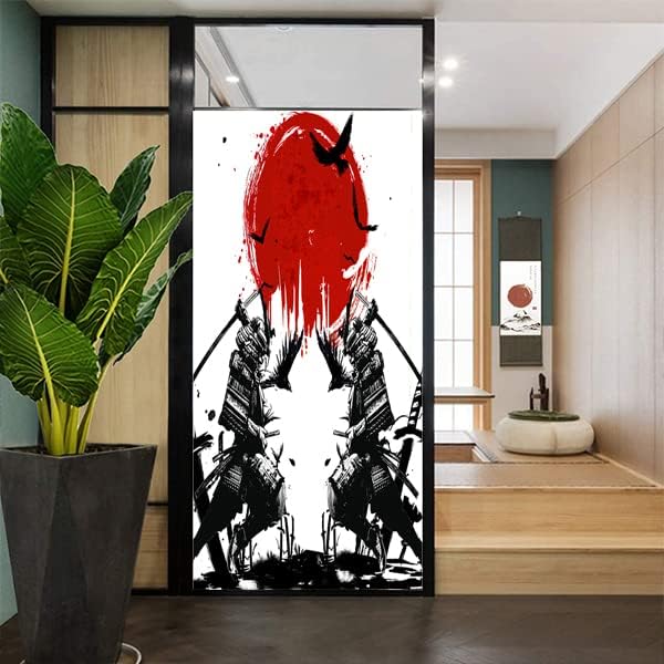 Japanese Samurai Stained Glass Film Watercolor Ink Samurai Sword Red Sun Printwindow Tinting Film for Home,Window Film Stained Glass 23.6Wx47.2L-Inch X1Pcs