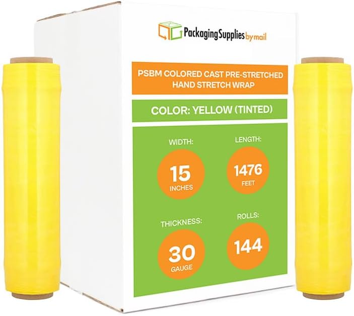 PSBM Yellow Stretch Wrap, 15 Inch x 1476 Feet, 144 Pack, Tinted Pre-Stretched Shrink Wrap Film for Moving, Packaging, Pallet Wrapping