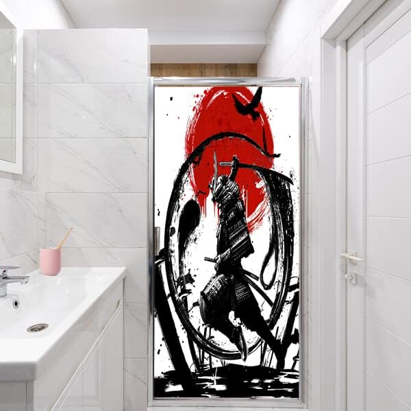 Japanese Samurai Decorative Window Film Watercolor Ink Samurai Sword Red Sun Printdining Room Window Film,Dorm Room Glass Film 35.4Wx78.7L-Inch X1Pcs