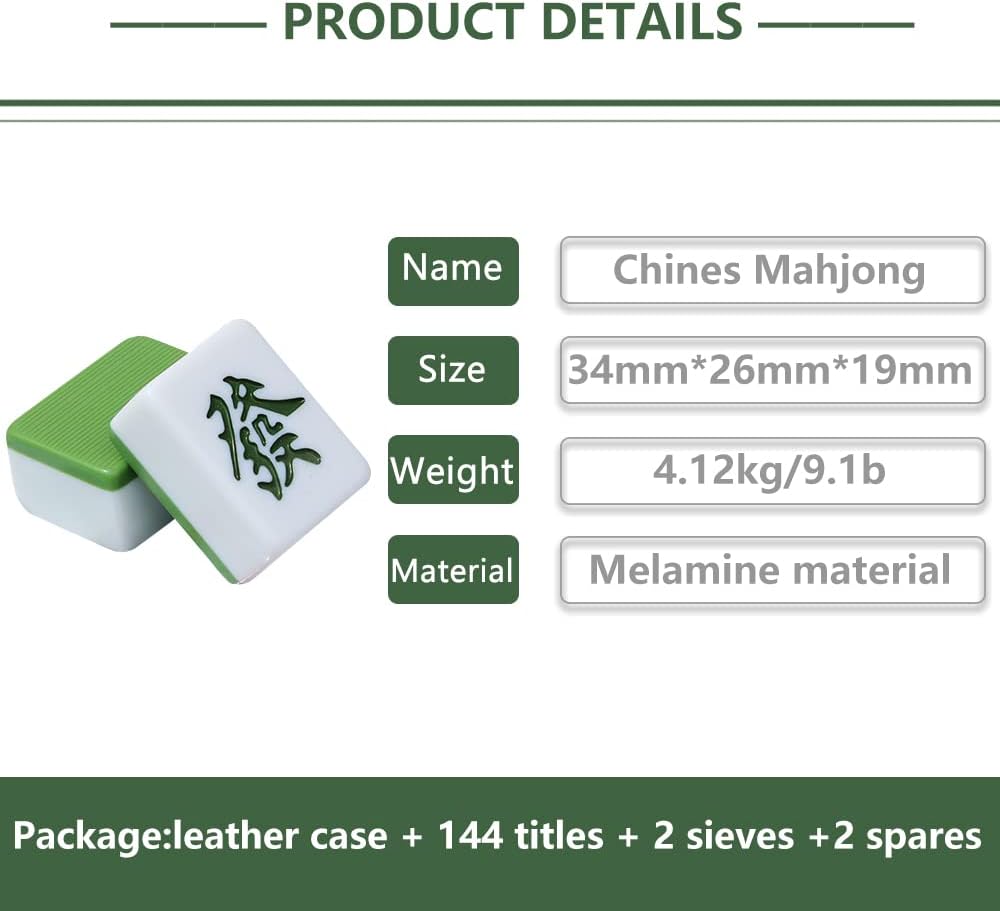 drizzle Chinese Mahjong Game Set - 146 Medium Size Tiles 1.3inch with Instructions - Professional Mah Jong Play Green [專業中式麻將]