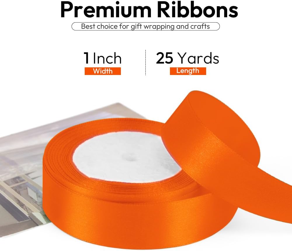 1 Inch Orange Ribbon, 25 Yards Orange Stain Ribbon for Gift Wrapping, Halloween, Christmas and Birthday Party Decoration, Craft, Flower Bouquet, Sewing