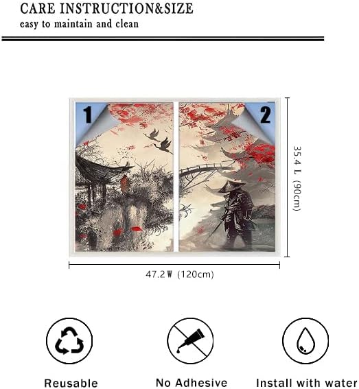 Vintage Japanese Samurai Air Window Film Watercolor Ink Ancient Cherry Blossom Red Sunblackout Window Film,Playroom Window Film 23.6Wx35.4L-Inch X2Pcs