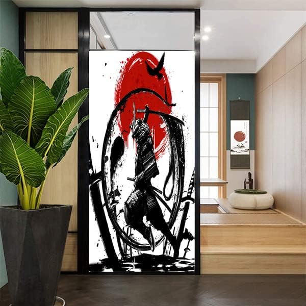 Japanese Samurai Decorative Window Film Watercolor Ink Samurai Sword Red Sun Printdining Room Window Film,Dorm Room Glass Film 23.6Wx47.2L-Inch X1Pcs