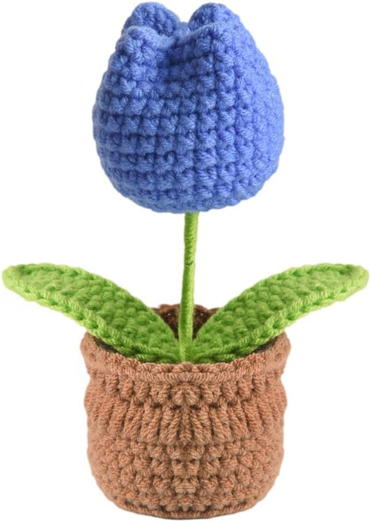 Tulip Pin Cushion, Handmade Knitted Pincushions, Cute Pin Cushions Needle Holders for Sewing Quilting Accessory, DIY Crafts or Patchwork Decor.Flowerpot Design Blue Tulip