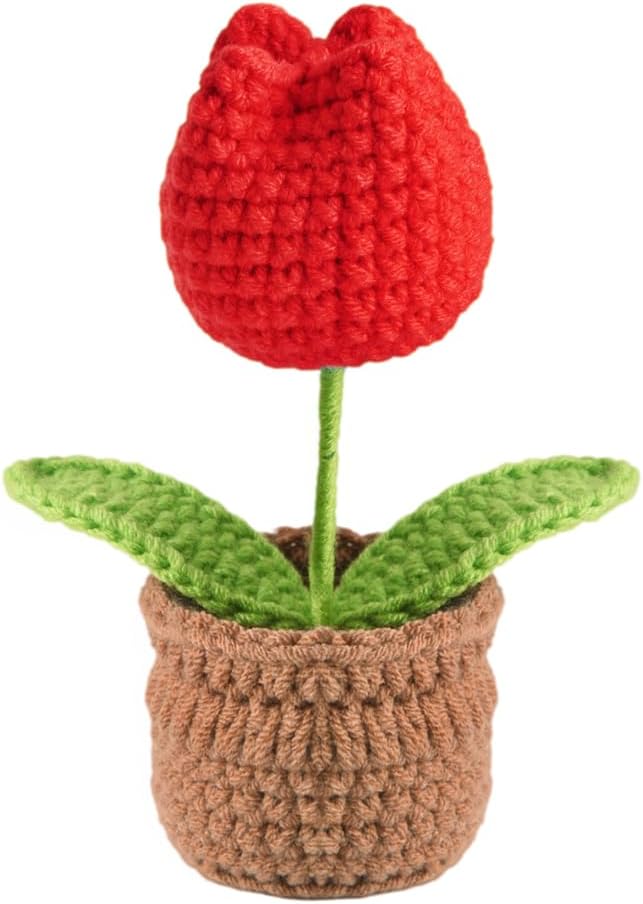 Tulip Pin Cushion, Handmade Knitted Pincushions, Cute Pin Cushions Needle Holders for Sewing Quilting Accessory, DIY Crafts or Patchwork Decor.Flowerpot Design Red Tulip