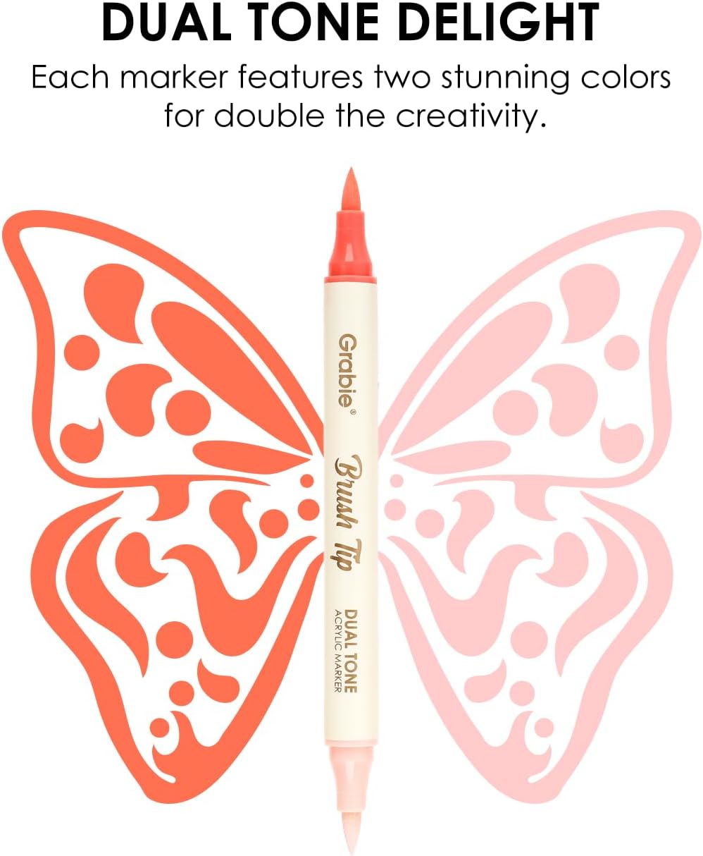 Grabie 120 Colors Dual Tone Brush Tip Acrylic Markers, Dual-Color Paint Markers with 60 Brush Tips, Double Tipped Acrylic Paint Pens for Fabric, Canvas,DIY, Canvas Art Supplies, Set of 60