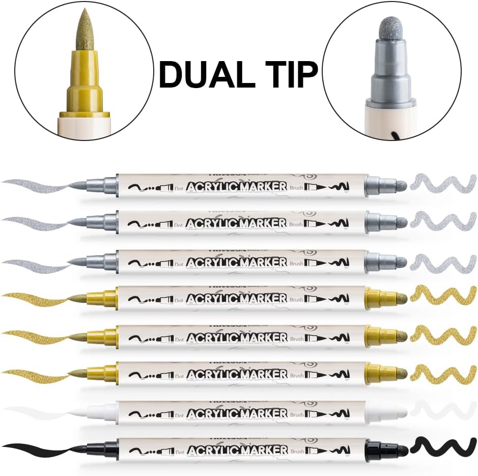 TRANSON 3 Gold, 3 Silver, 1 Black and 1 White Paint Markers Brush and Bold Dual-tip Acrylic Paint Marker Set for Rock Painting Glass Canvas Wood Leather Ceramic Painting